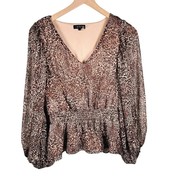1. State Size Medium Leopard Top Blouse Ruched Ruffle - Picture 1 of 8